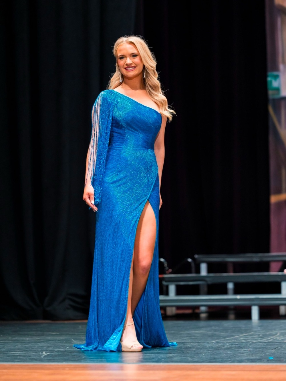 Sherri Hill Liquid Beaded Blue One-Shoulder Evening Gown